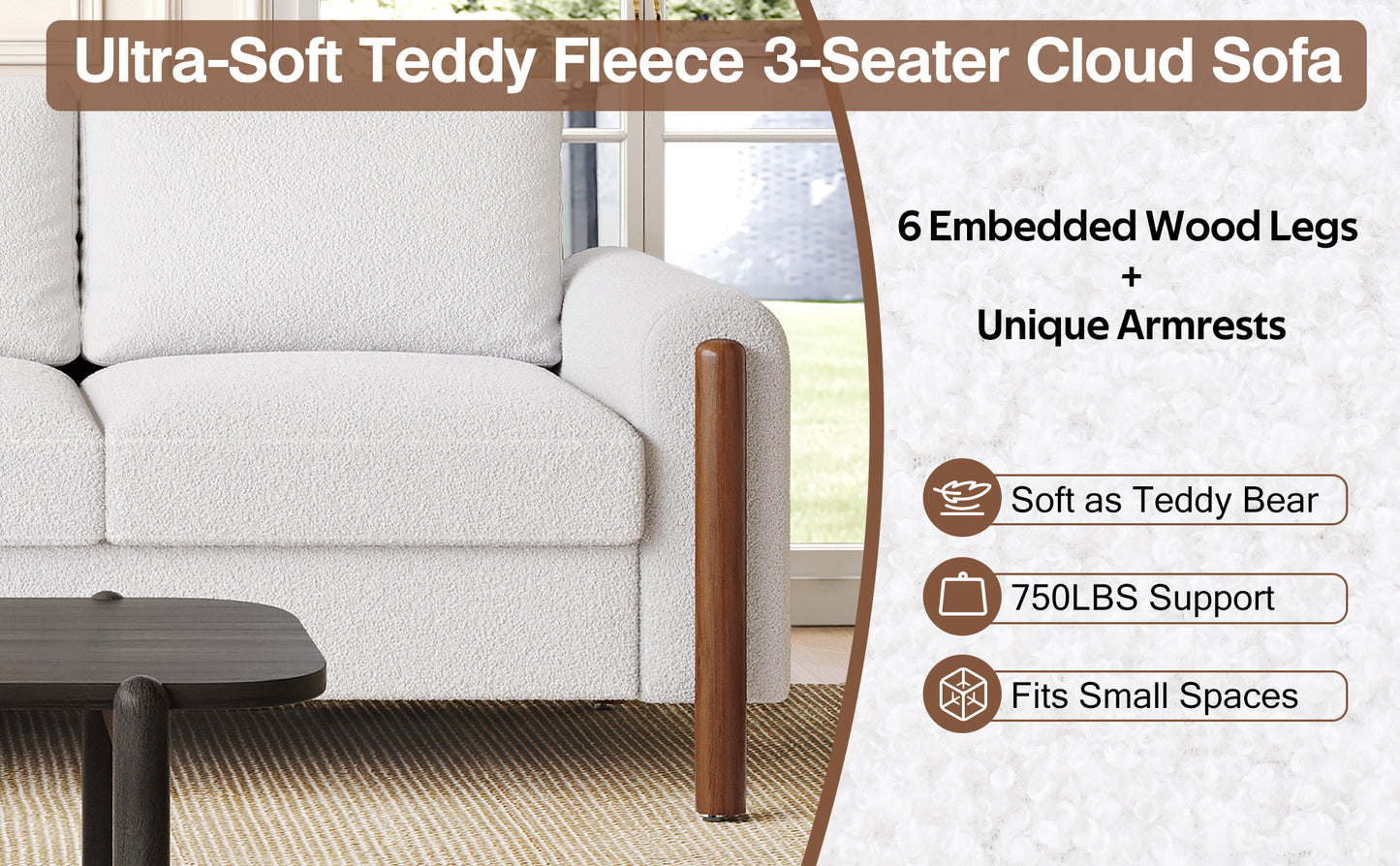 3-Seater Sofa with Curved Armrest & Integrated Solid Wood Frame – Teddy Velvet Fabric