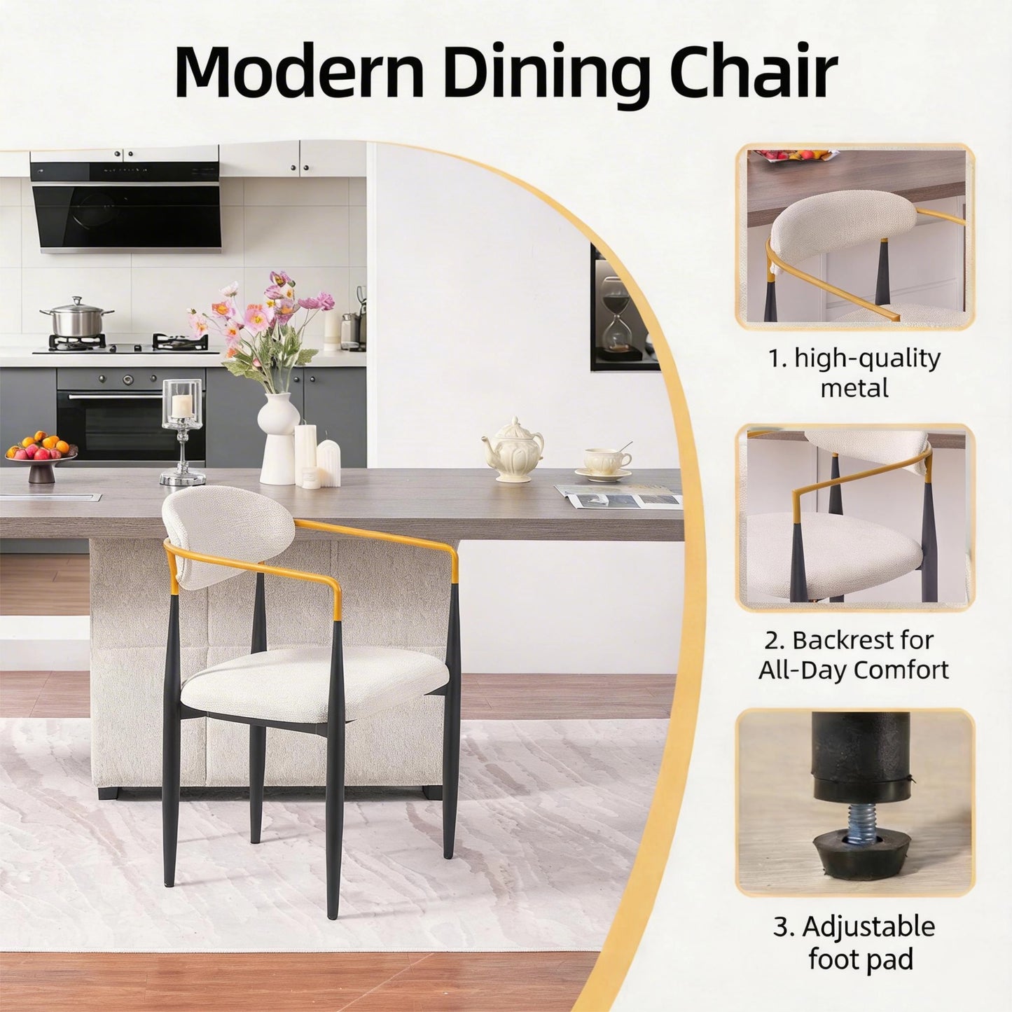 Modern Upholstered Dining Chair with Gold-Accented Armrests Set of 2