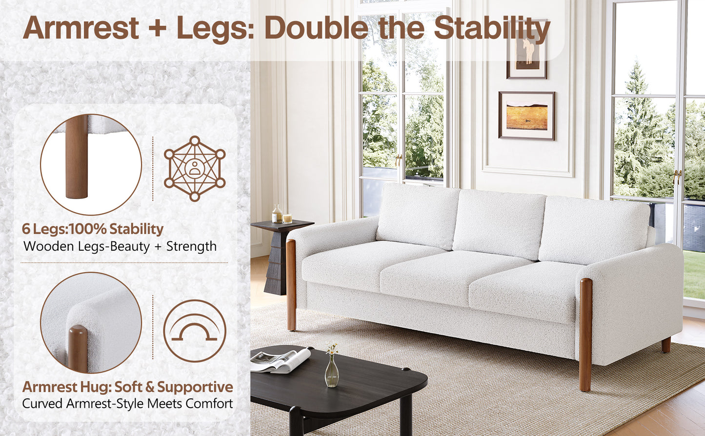 3-Seater Sofa with Curved Armrest & Integrated Solid Wood Frame – Teddy Velvet Fabric
