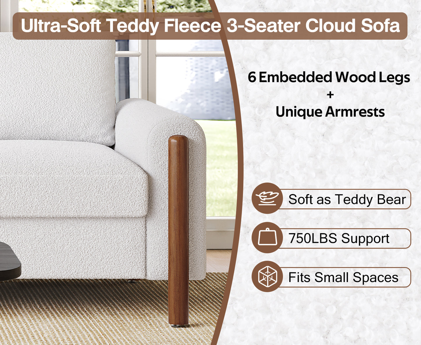 3-Seater Sofa with Curved Armrest & Integrated Solid Wood Frame – Teddy Velvet Fabric