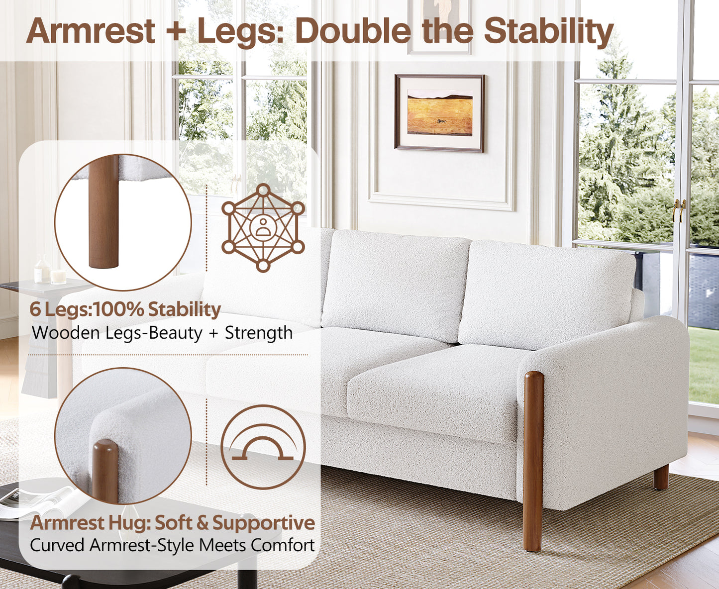 3-Seater Sofa with Curved Armrest & Integrated Solid Wood Frame – Teddy Velvet Fabric