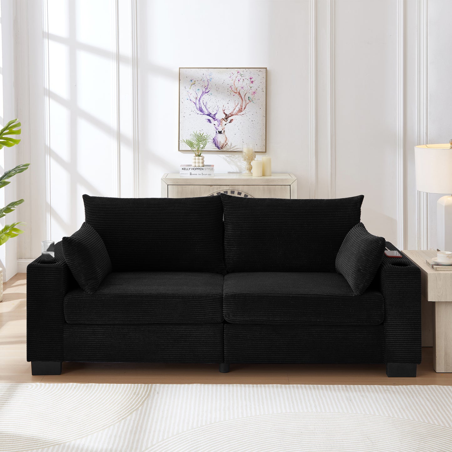 3-Seater 78" Corduroy Sofa for Living Room – Modern Upholstered Sofa with USB, Cup Holders &amp; Side Pocket&nbsp;