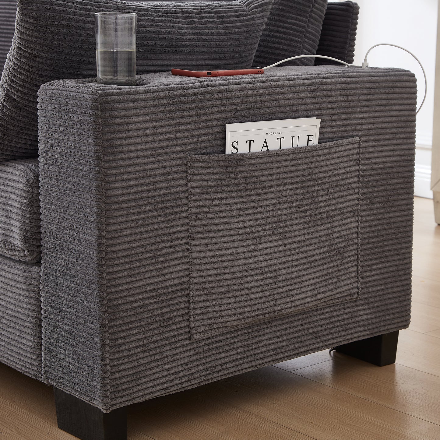 3-Seater 78" Corduroy Sofa for Living Room – Modern Upholstered Sofa with USB, Cup Holders &amp; Side Pocket&nbsp;