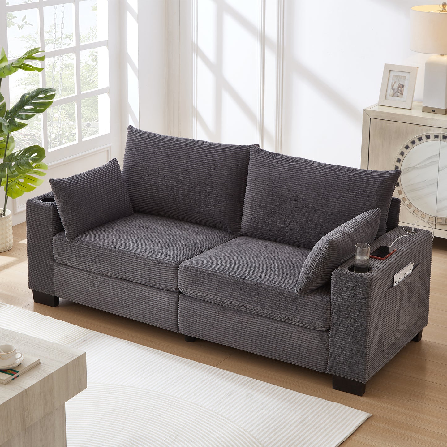 3-Seater 78" Corduroy Sofa for Living Room – Modern Upholstered Sofa with USB, Cup Holders &amp; Side Pocket&nbsp;
