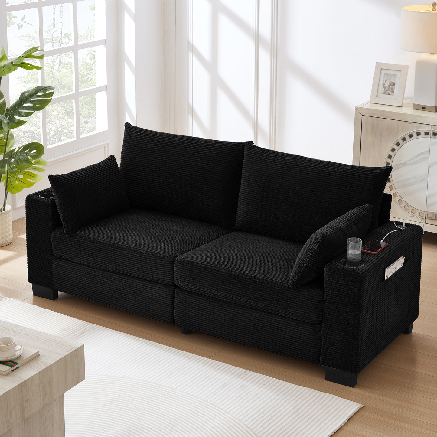 3-Seater 78" Corduroy Sofa for Living Room – Modern Upholstered Sofa with USB, Cup Holders &amp; Side Pocket&nbsp;