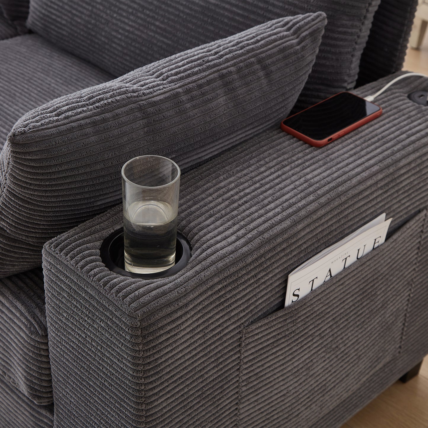 3-Seater 78" Corduroy Sofa for Living Room – Modern Upholstered Sofa with USB, Cup Holders &amp; Side Pocket&nbsp;
