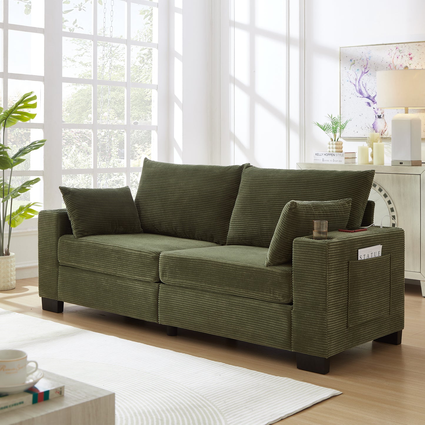 3-Seater 78" Corduroy Sofa for Living Room – Modern Upholstered Sofa with USB, Cup Holders &amp; Side Pocket&nbsp;
