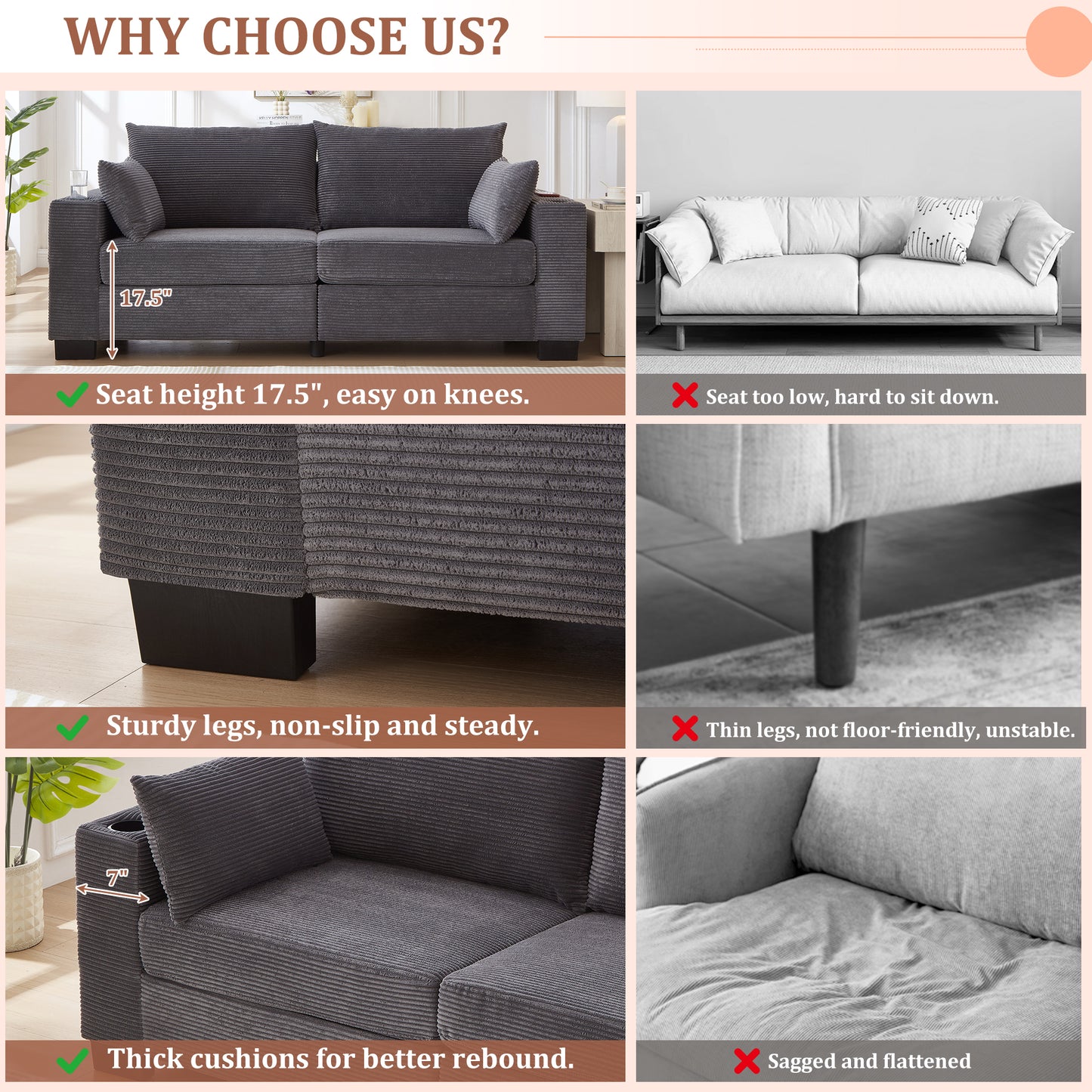 3-Seater 78" Corduroy Sofa for Living Room – Modern Upholstered Sofa with USB, Cup Holders &amp; Side Pocket&nbsp;