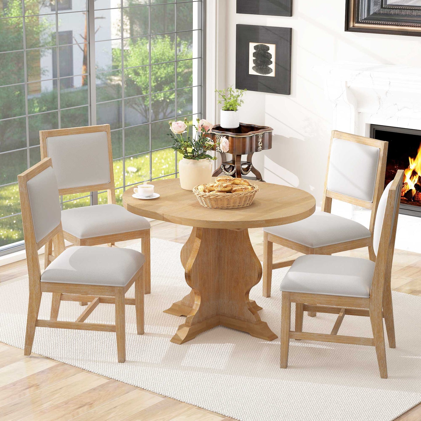 5-Piece Dining Table Set with 4 Upholstered Chairs – Extendable Wood Table with 15.7" Leaf