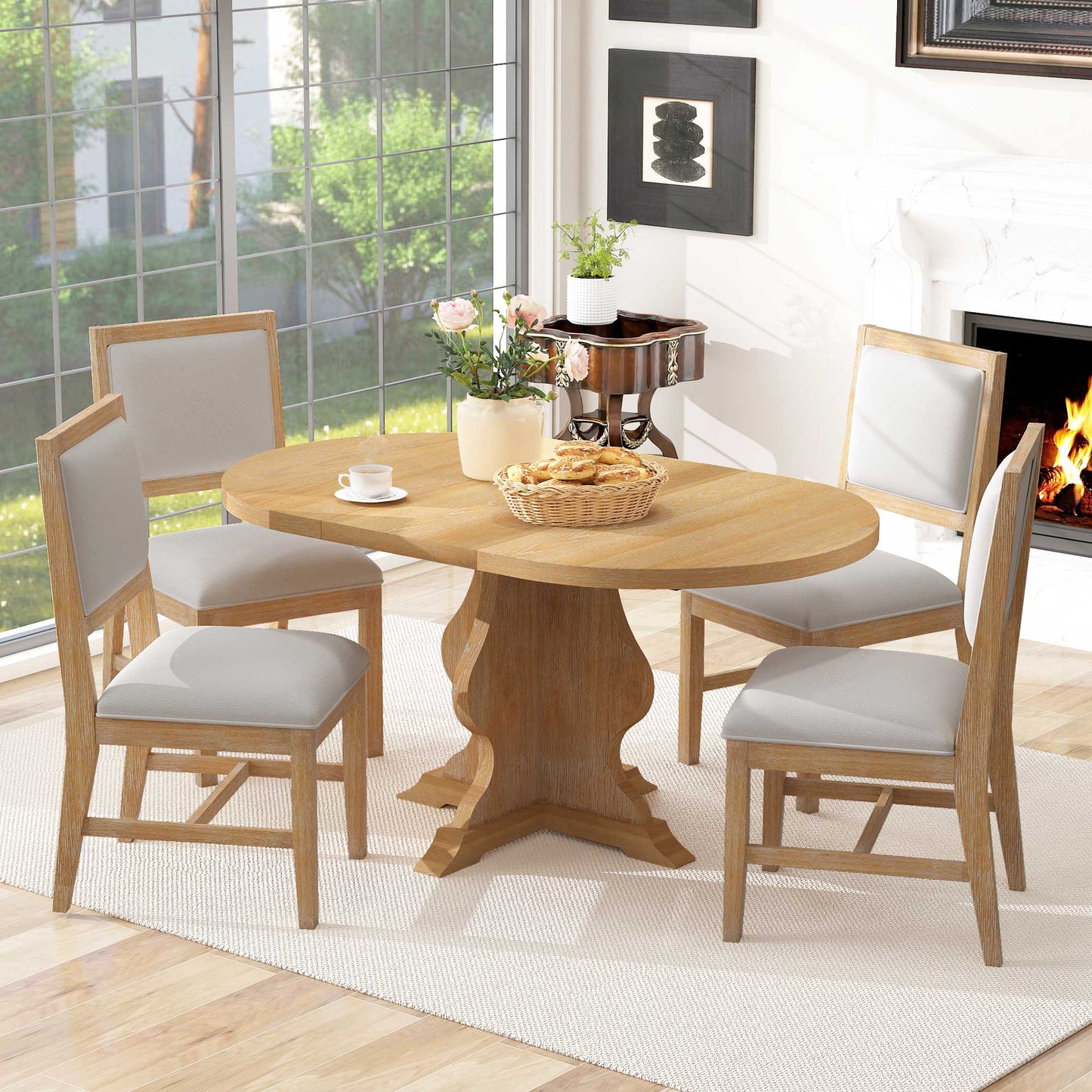 5-Piece Dining Table Set with 4 Upholstered Chairs – Extendable Wood Table with 15.7" Leaf