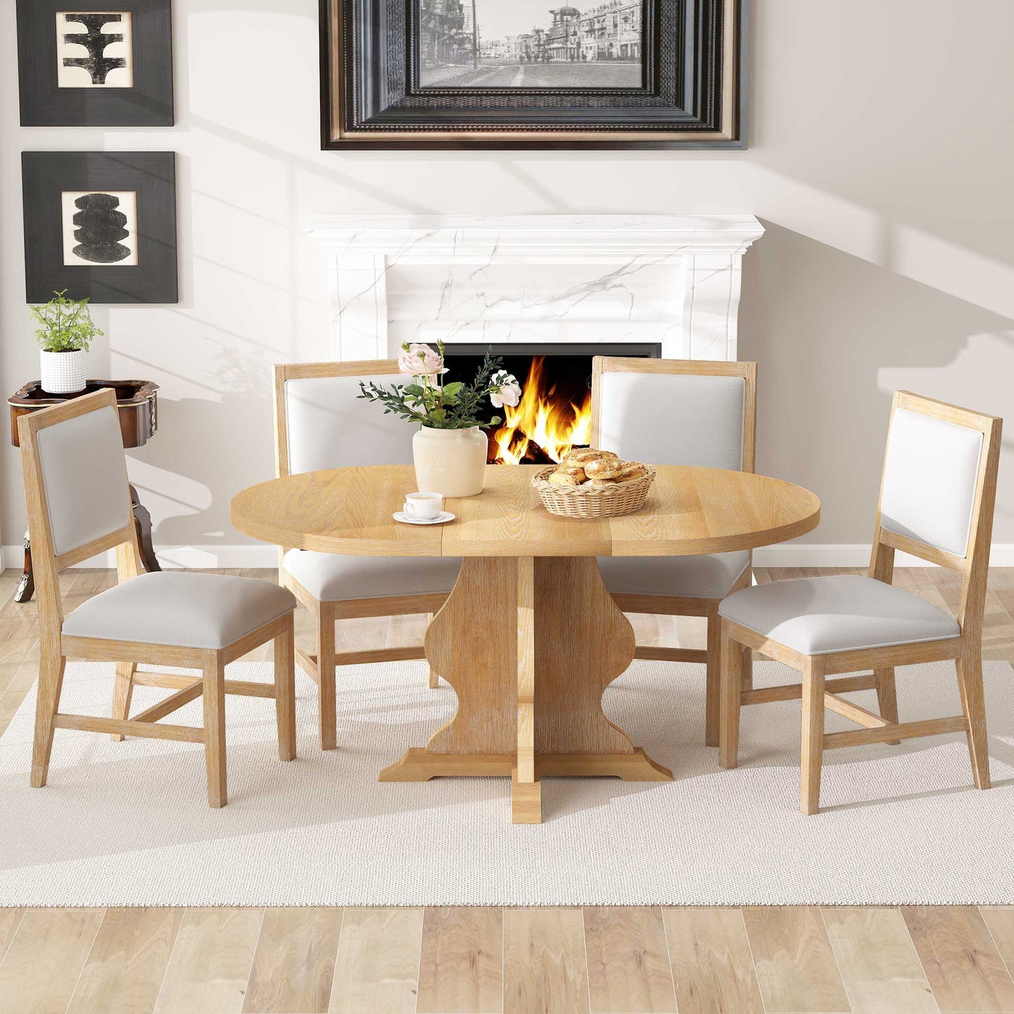5-Piece Dining Table Set with 4 Upholstered Chairs – Extendable Wood Table with 15.7" Leaf
