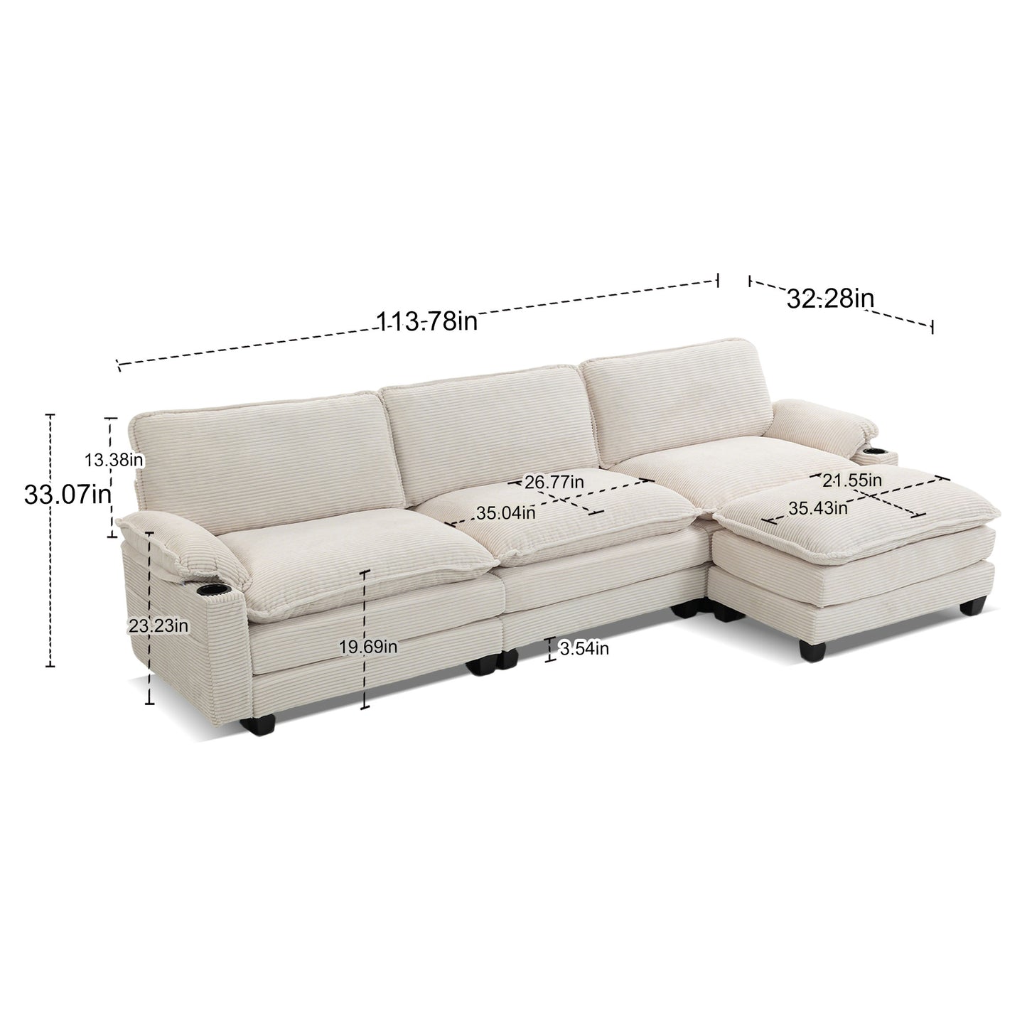 Modern 3+1 L-Shaped Corduroy Fabric Sofa – Modular Sectional Cloud Couch w/Ottoman, 35D Sponge, Cup Holders &amp; Storage