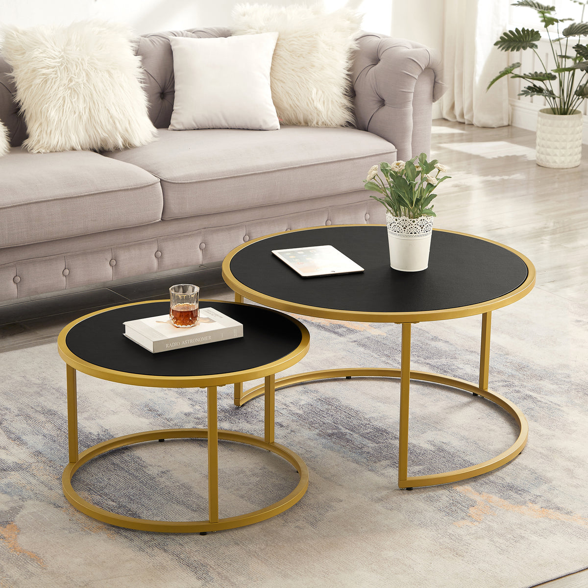 Modern Faux Leather Nesting Round Coffee Table with Black Metal Base – Accent Tea Table for Living Room