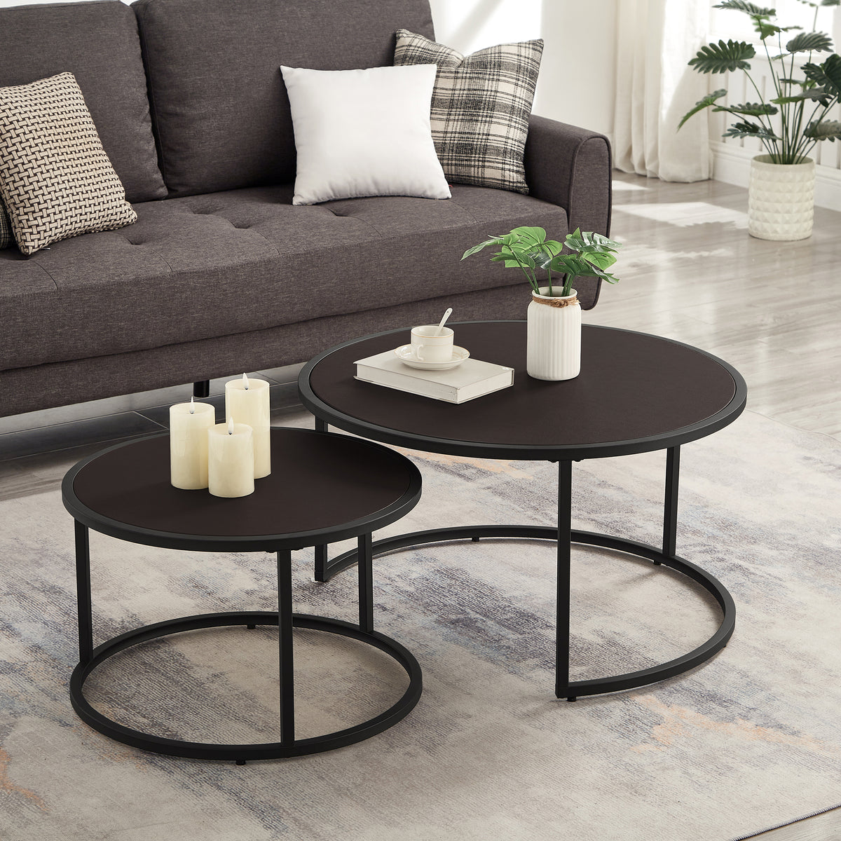 Modern Faux Leather Nesting Round Coffee Table with Black Metal Base – Accent Tea Table for Living Room
