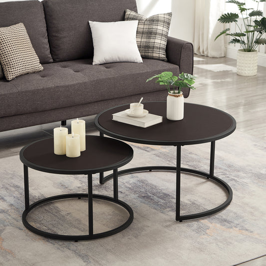 Modern Faux Leather Nesting Round Coffee Table with Black Metal Base – Accent Tea Table for Living Room