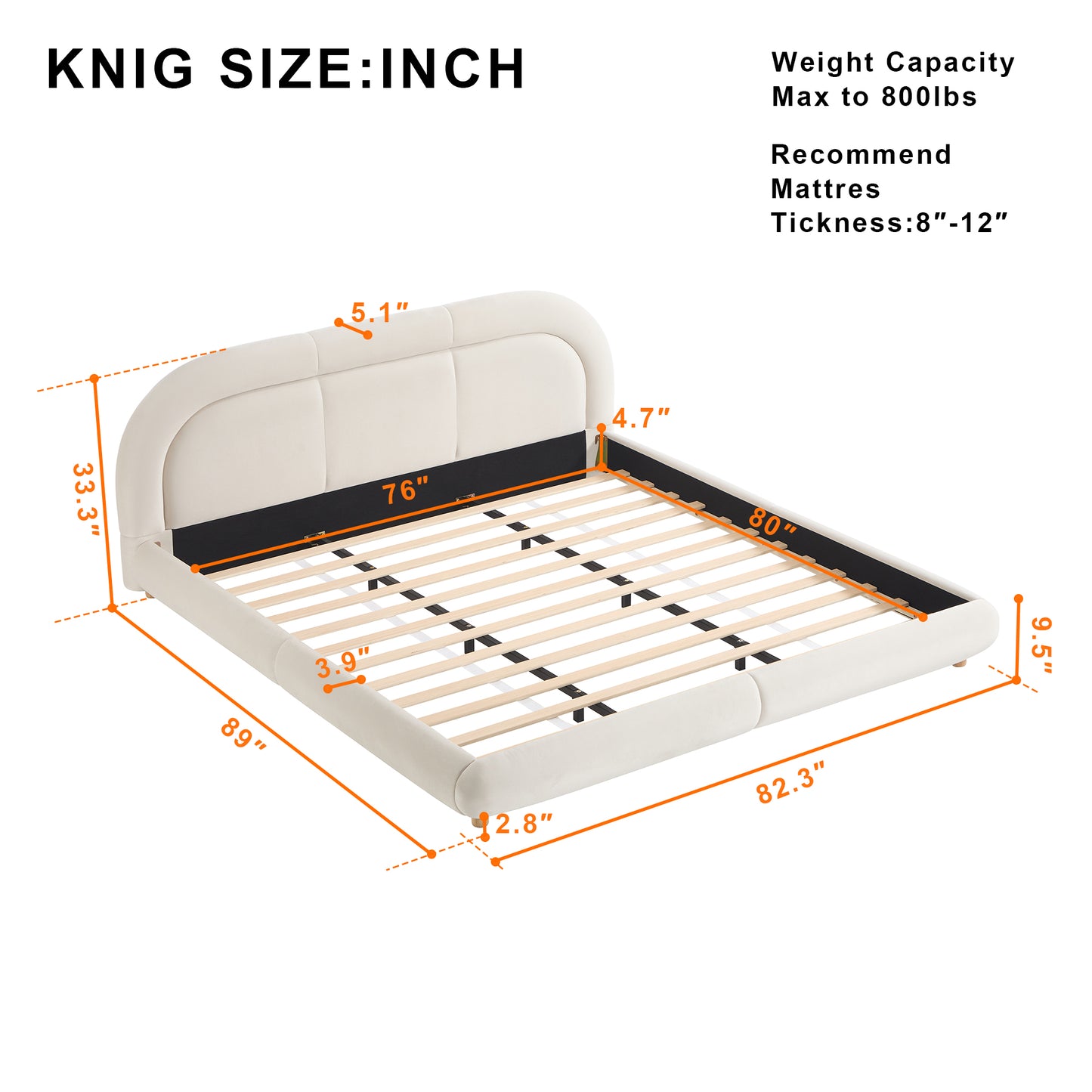 Modern Curved Upholstered Low Profile Platform Bed | Rounded Headboard – Velvet, King Size, No Box Spring Needed