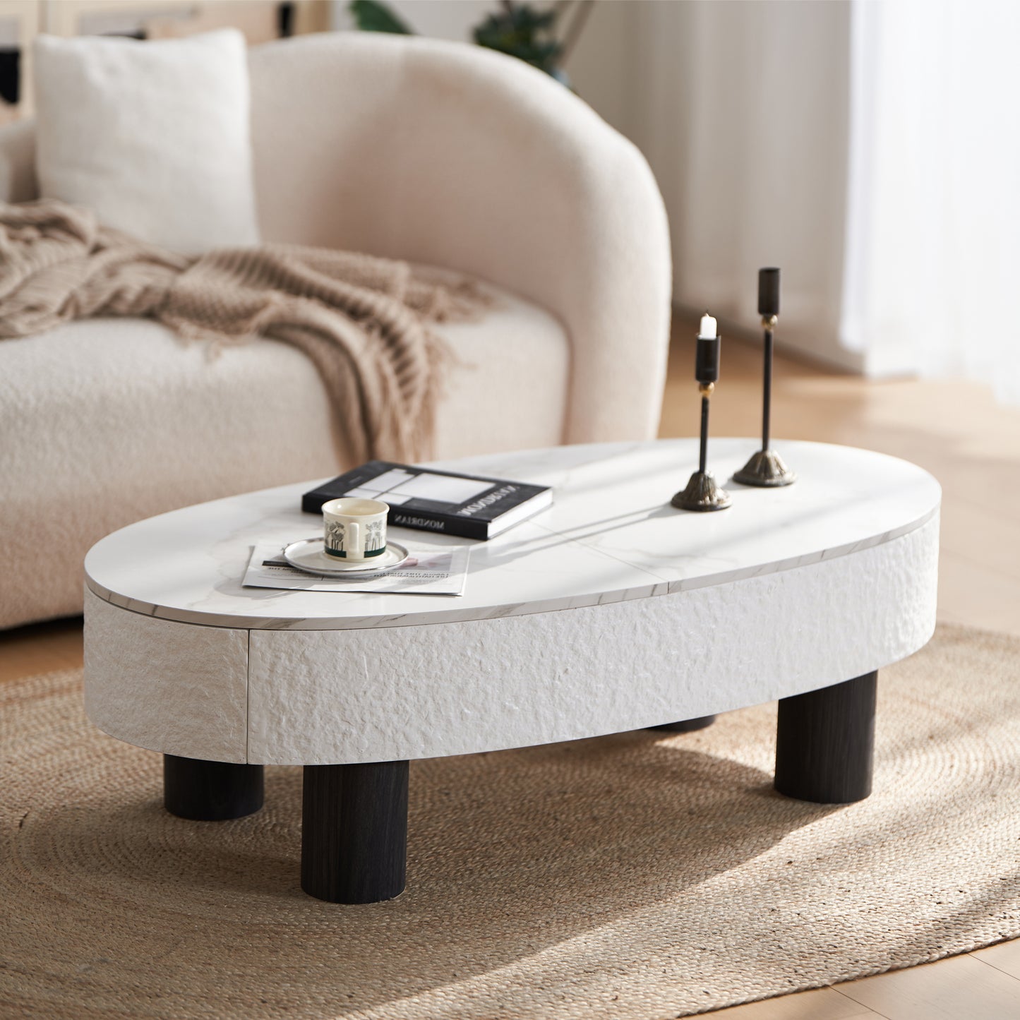 Oval Coffee Table with Faux Marble Tabletop & Hidden Drawer – Mid-Century Modern Storage Coffee Table for Living Room (White+Black)