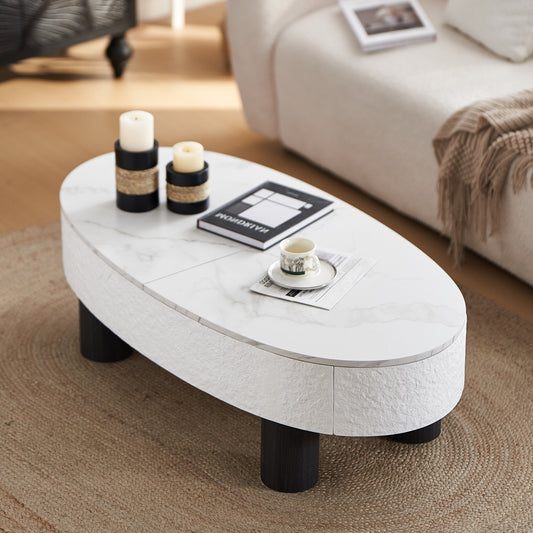Oval Coffee Table with Faux Marble Tabletop & Hidden Drawer – Mid-Century Modern Storage Coffee Table for Living Room (White+Black)