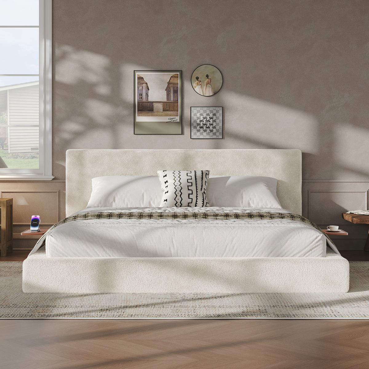 Bed Frame with Adjustable Sliding Side Table – 8.7" Cloud Upholstered Sponge Cushion, Easy Assembly