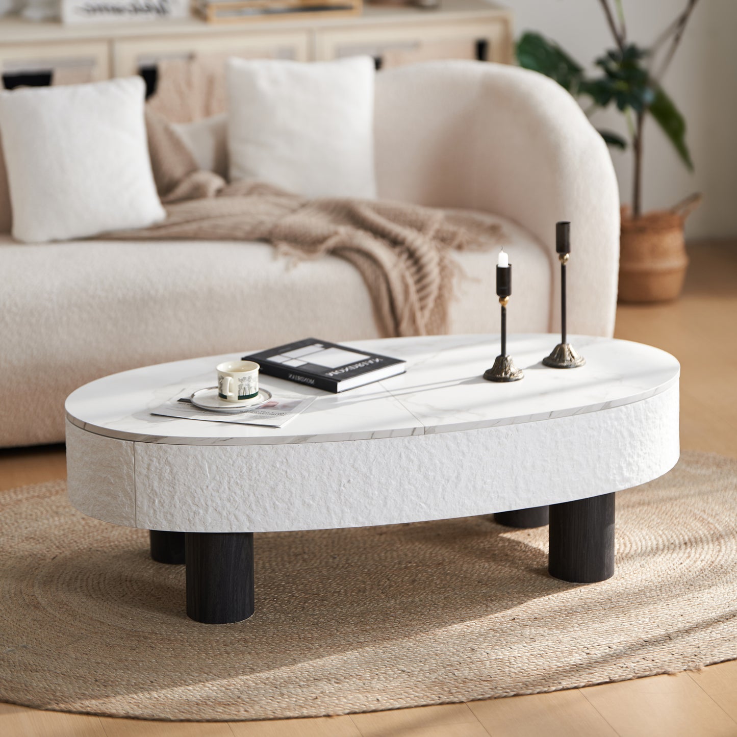 Oval Coffee Table with Faux Marble Tabletop & Hidden Drawer – Mid-Century Modern Storage Coffee Table for Living Room (White+Black)