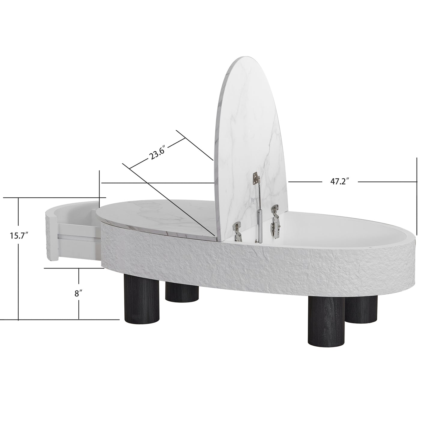 Oval Coffee Table with Faux Marble Tabletop & Hidden Drawer – Mid-Century Modern Storage Coffee Table for Living Room (White+Black)