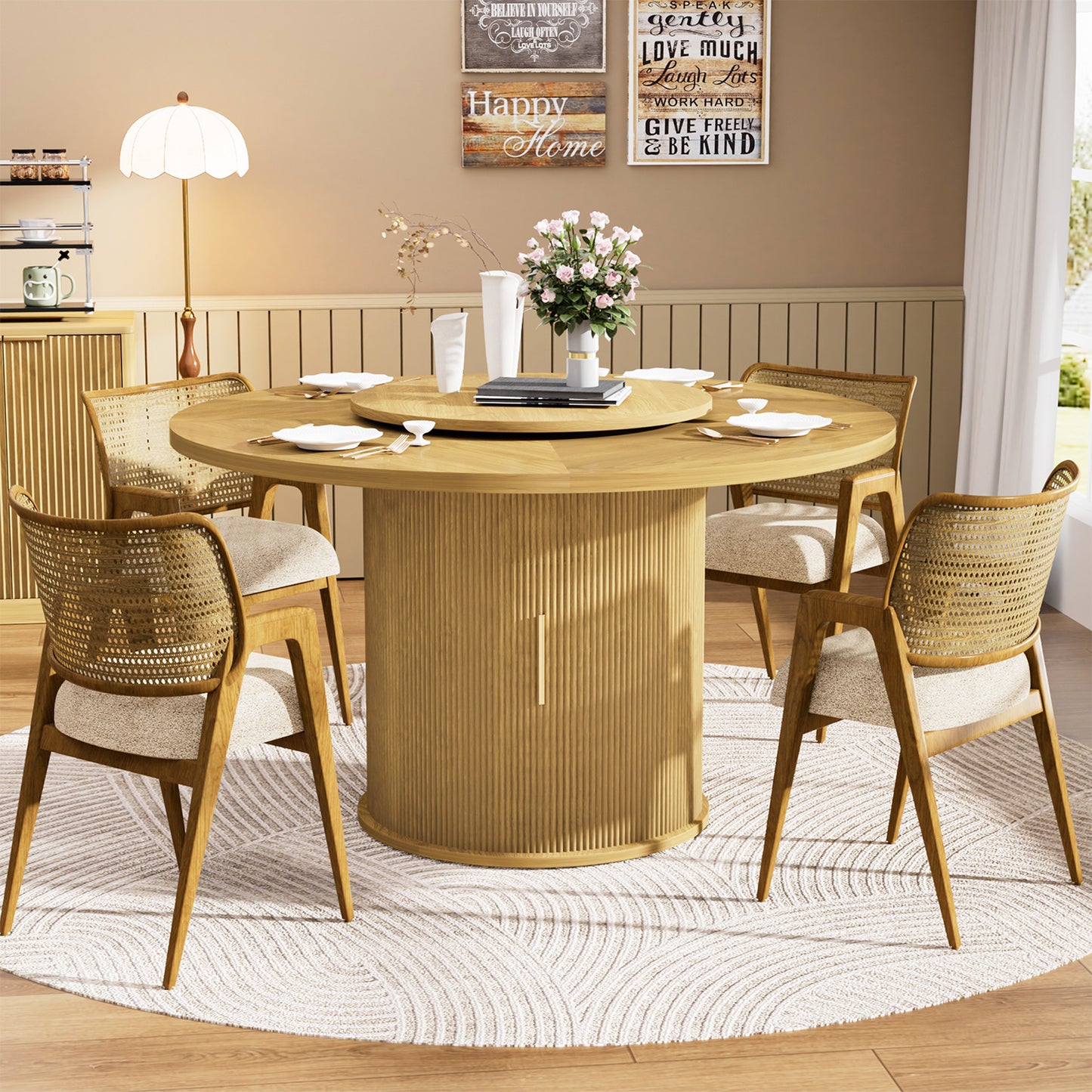 Round dining table with featuring a double-tiered storage rack and a rotating tabletop tray
