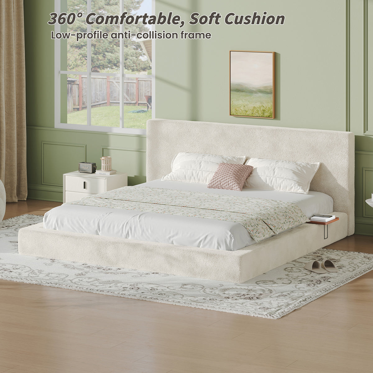 Bed Frame with Adjustable Sliding Side Table – 8.7" Cloud Upholstered Sponge Cushion, Easy Assembly