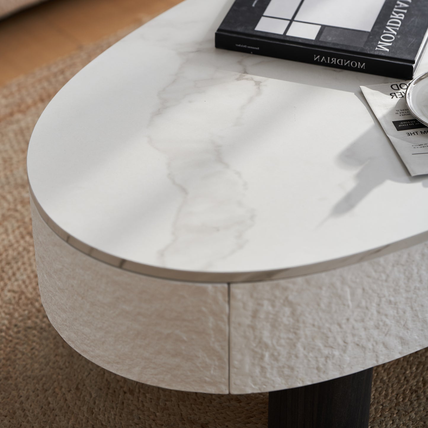 Oval Coffee Table with Faux Marble Tabletop & Hidden Drawer – Mid-Century Modern Storage Coffee Table for Living Room (White+Black)