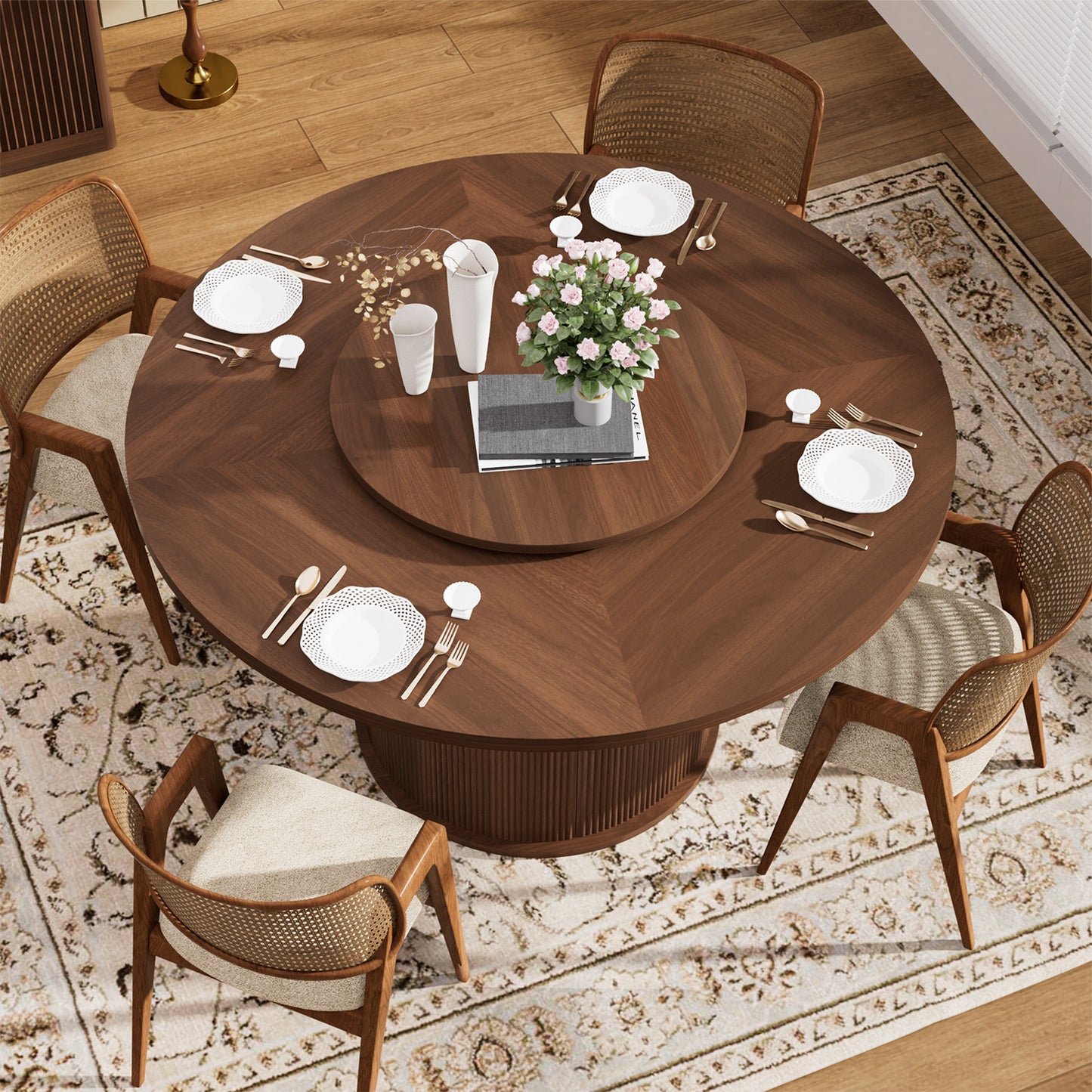 Round dining table with featuring a double-tiered storage rack and a rotating tabletop tray