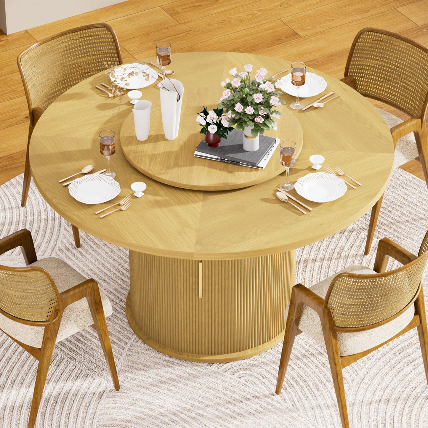 Round dining table with featuring a double-tiered storage rack and a rotating tabletop tray