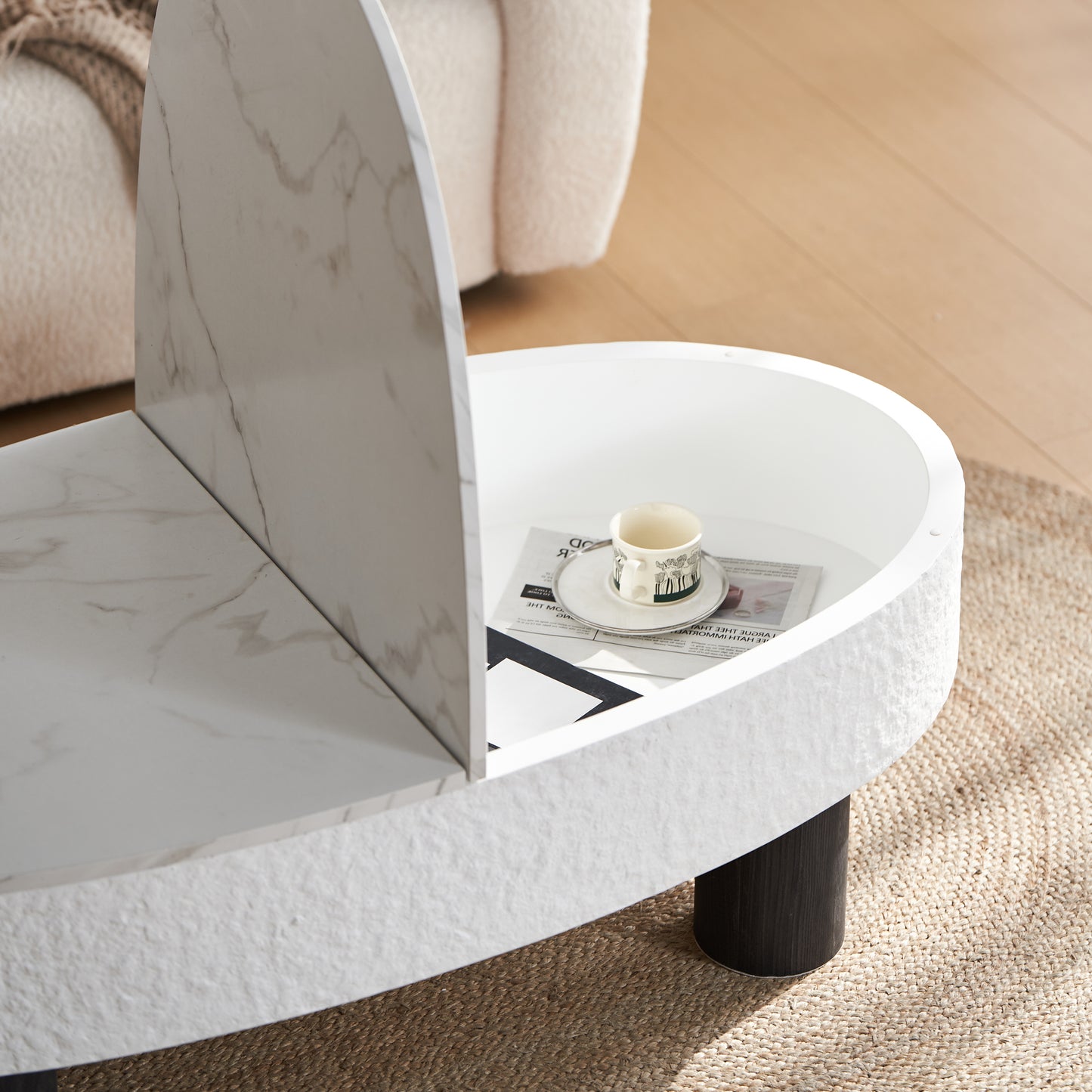Oval Coffee Table with Faux Marble Tabletop & Hidden Drawer – Mid-Century Modern Storage Coffee Table for Living Room (White+Black)
