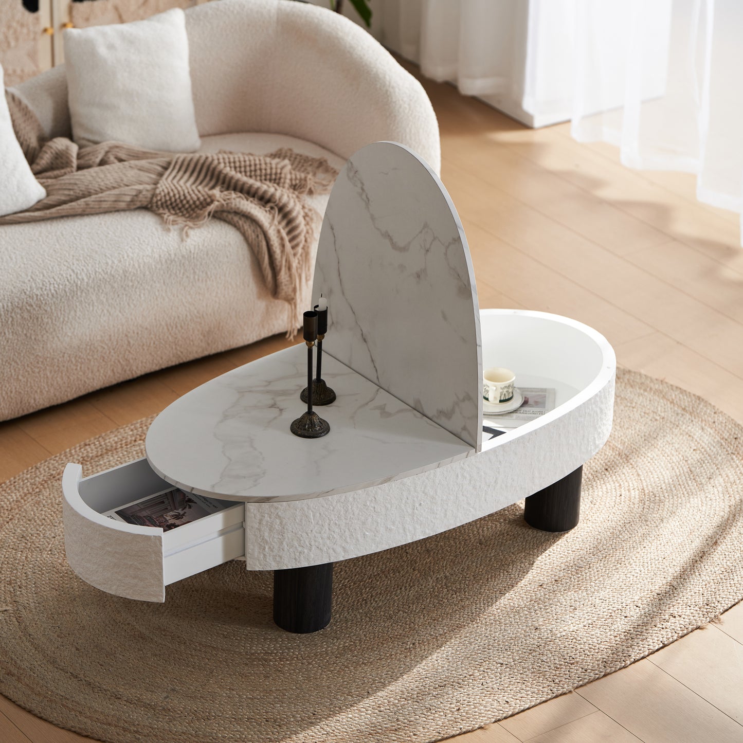 Oval Coffee Table with Faux Marble Tabletop & Hidden Drawer – Mid-Century Modern Storage Coffee Table for Living Room (White+Black)
