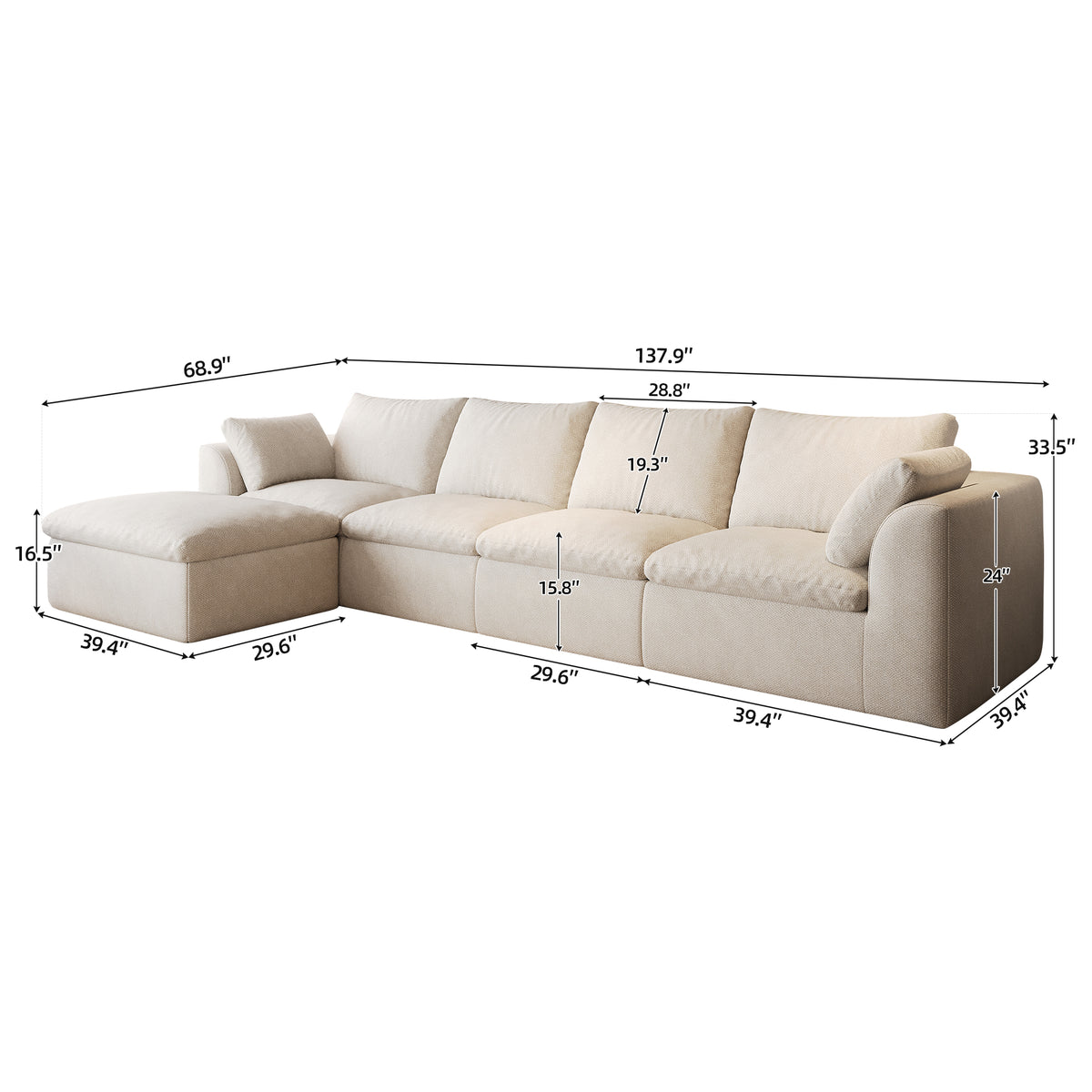 Vacuum Packed Cloud Sofa 2/3/4/5‑Seater, Modular Compressed Sofa Couch with Soft Cushion, Removable Covers for Living Room