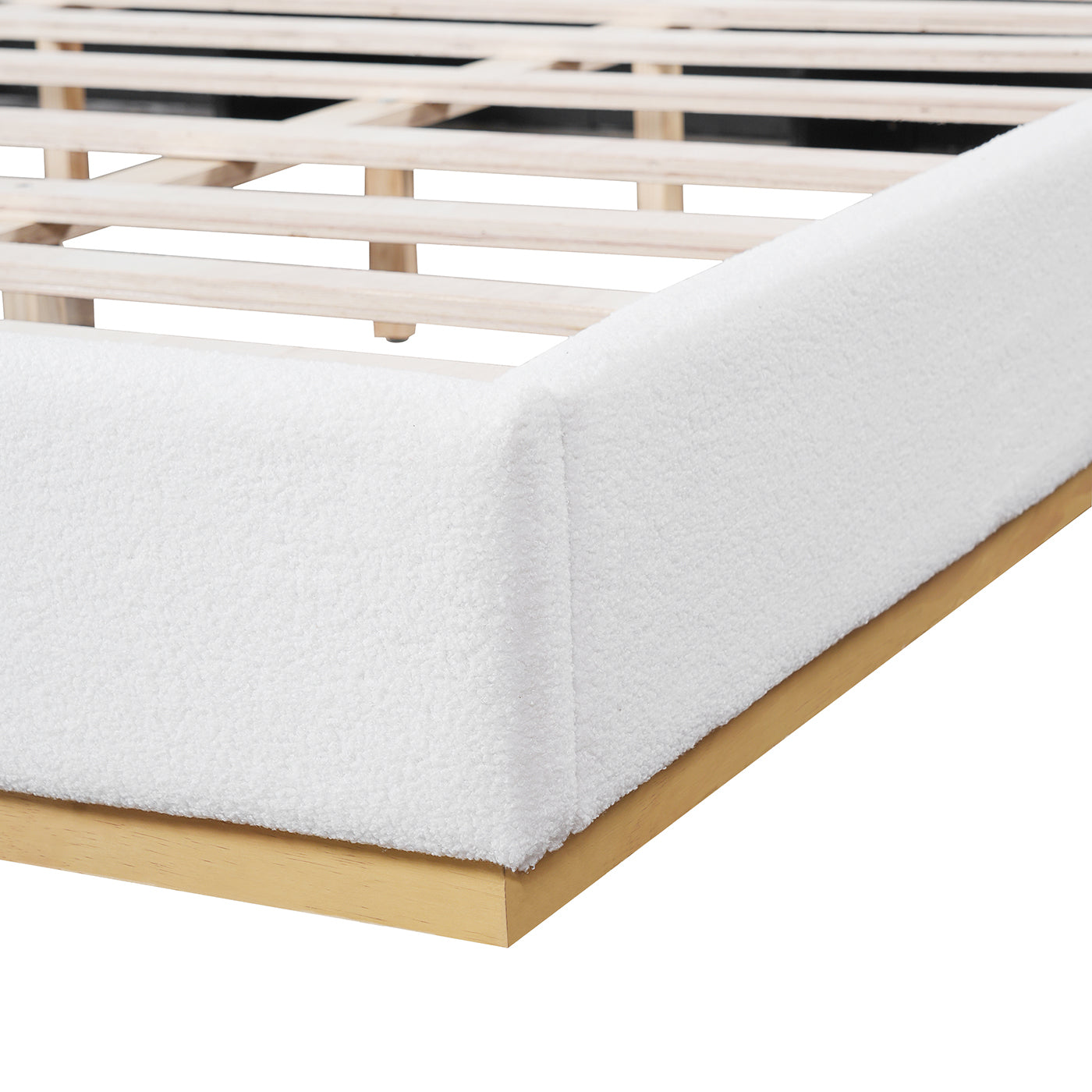 Modern White Bouclé Winged Bed Frame with Enclosed Wood Base