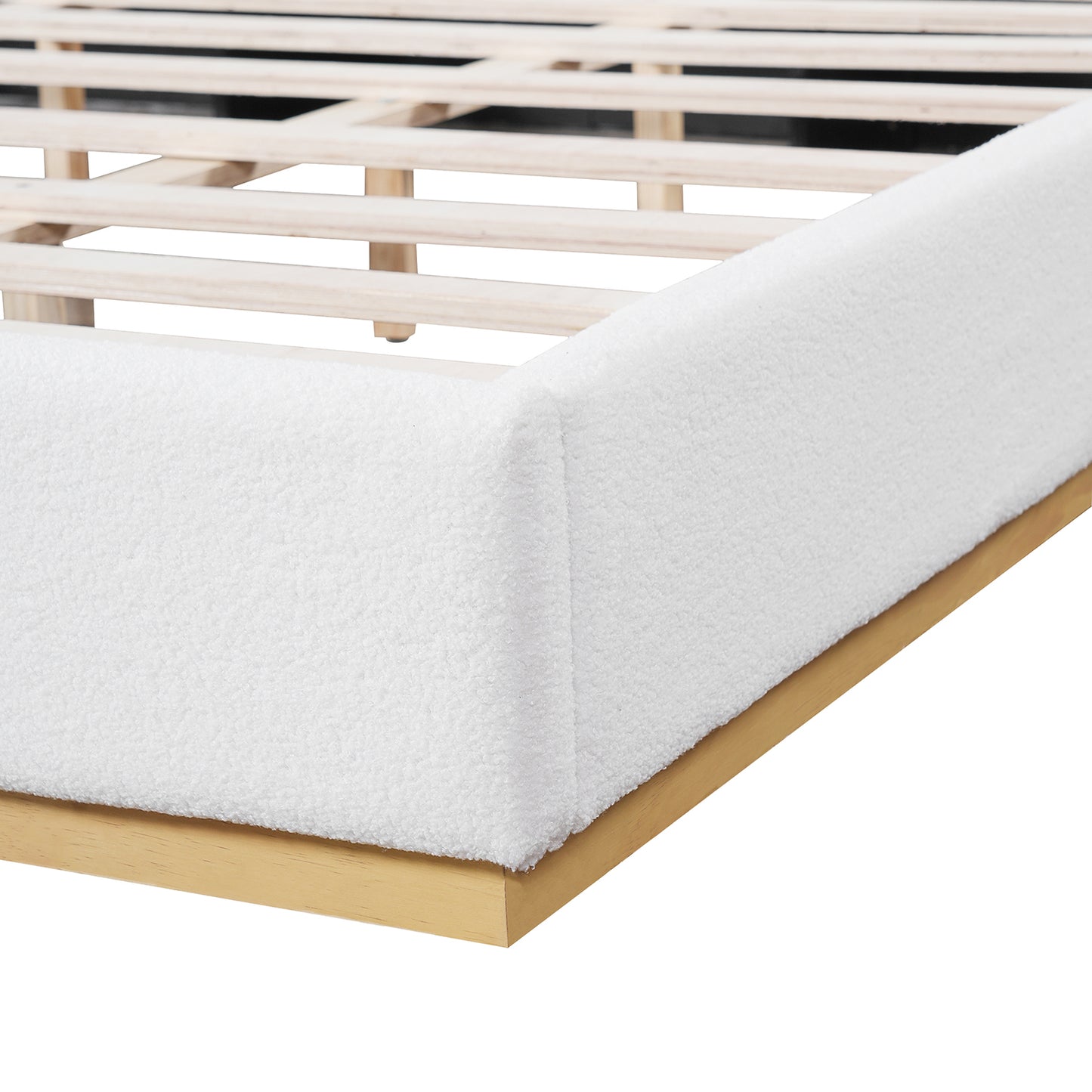 Modern White Bouclé Winged Bed Frame with Enclosed Wood Base | Queen & King – Dust & Pet BarrierNo Box Spring Needed
