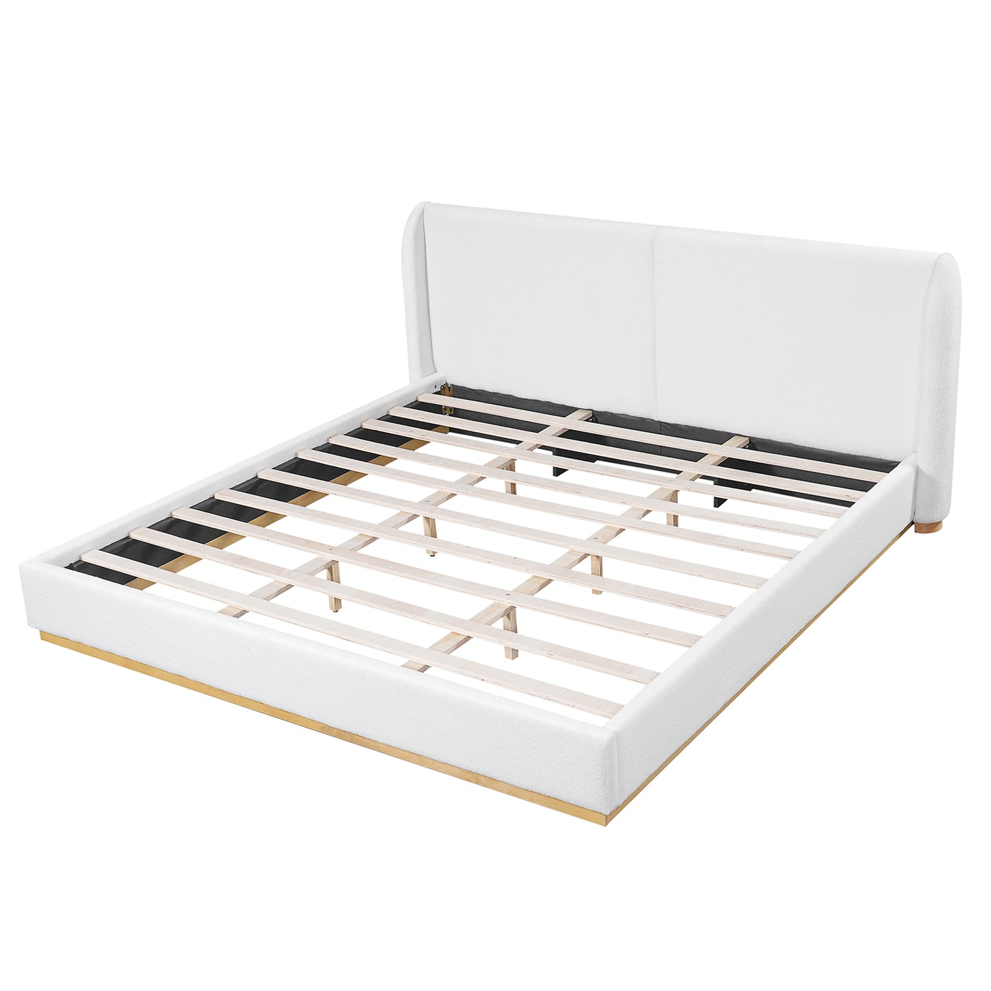 Modern White Bouclé Winged Bed Frame with Enclosed Wood Base | Queen & King – Dust & Pet BarrierNo Box Spring Needed