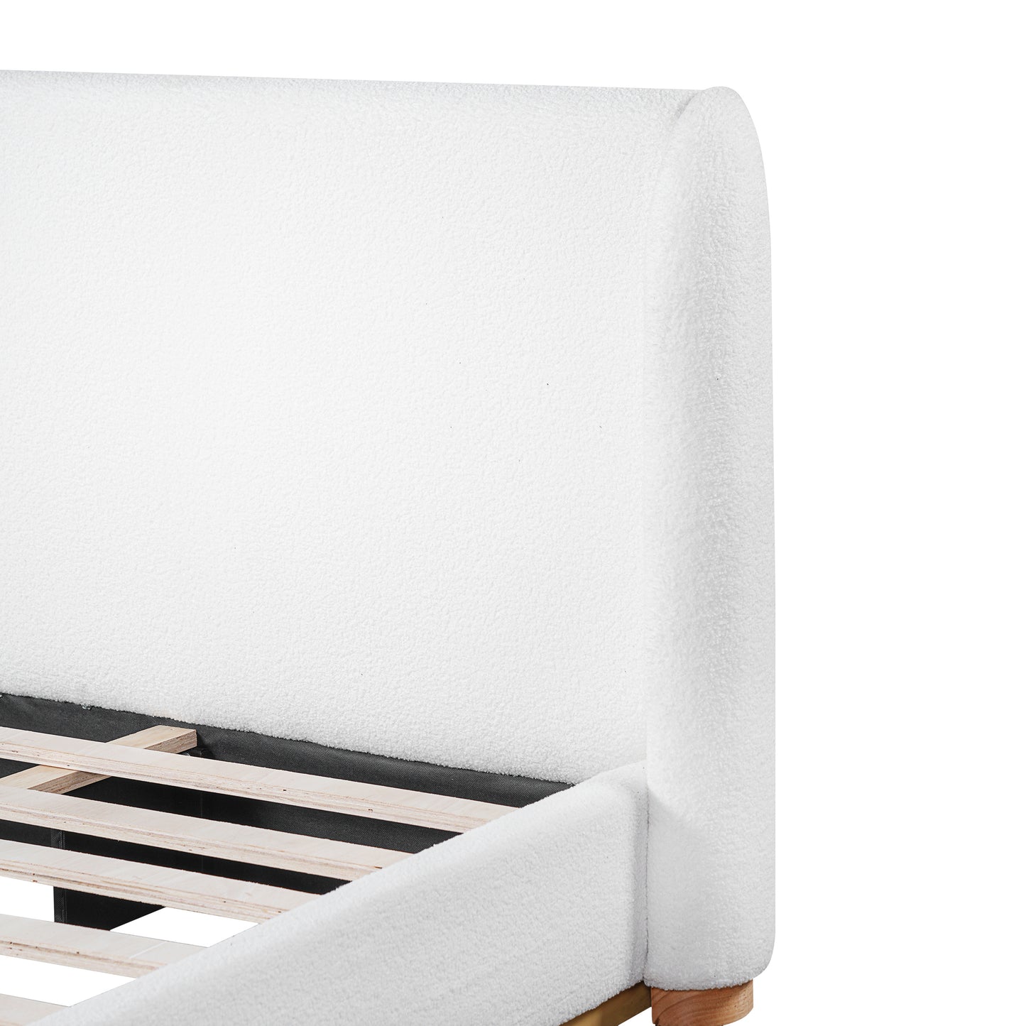 Modern White Bouclé Winged Bed Frame with Enclosed Wood Base | Queen & King – Dust & Pet BarrierNo Box Spring Needed