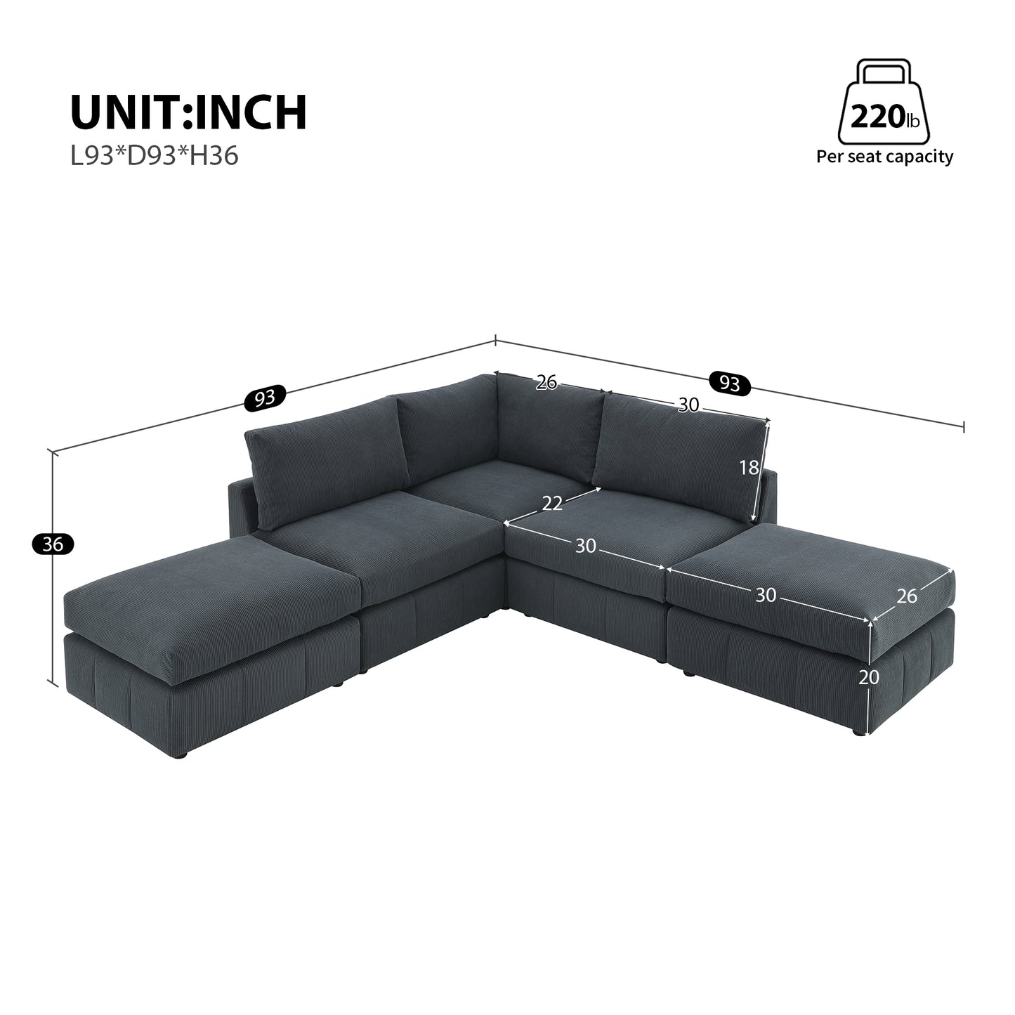 L-Shape 5-Seat Sectional Sofa Armless Couch Set with Convertible Ottomans,Various Combinations,