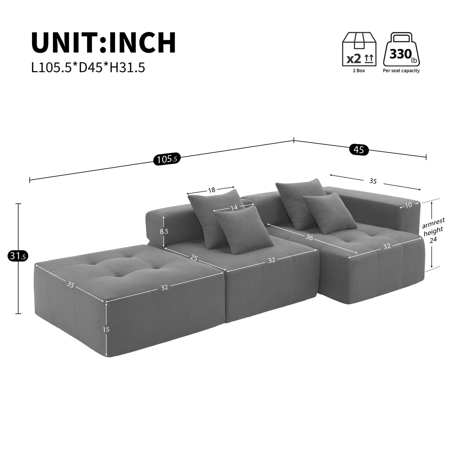 L Shaped Modular Sectional Sofa,Wide and Deep Seat No Assembly Required,3 Colors