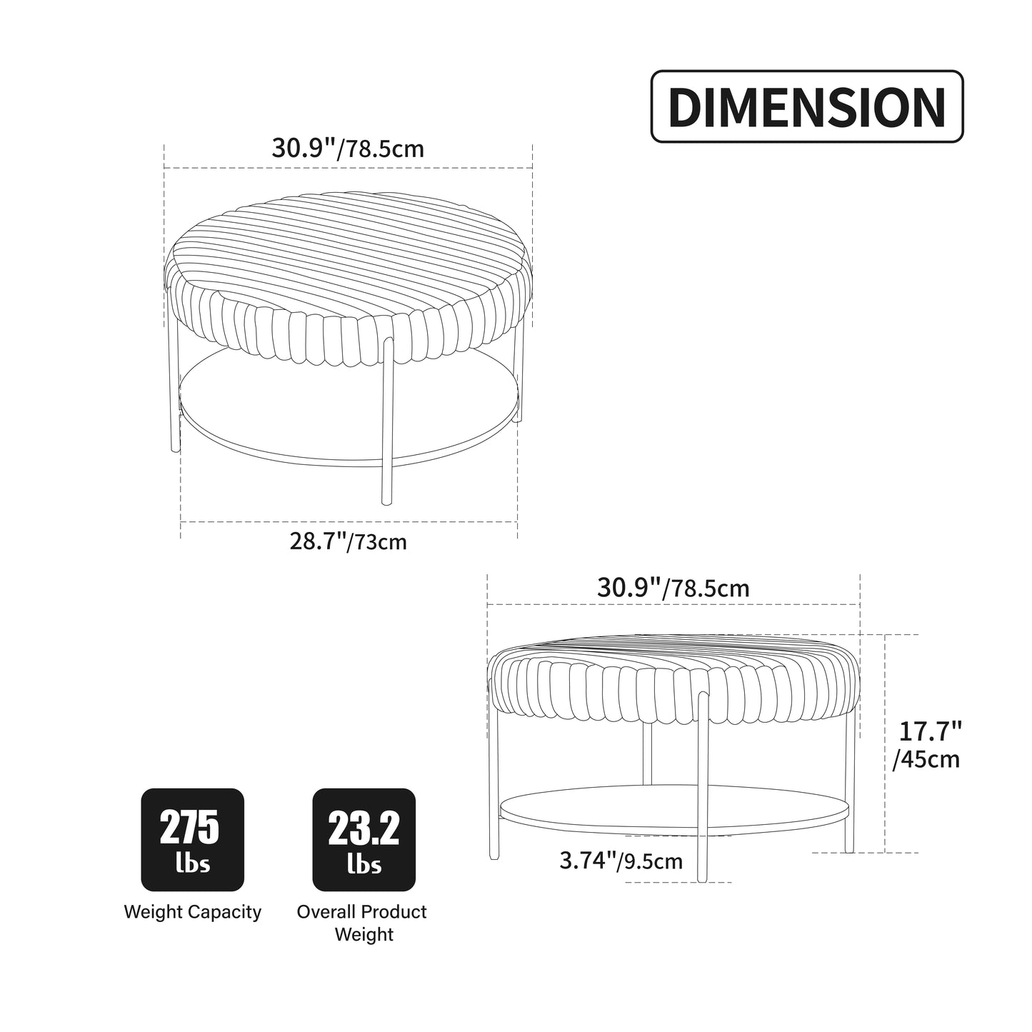 Upholstered Round Ottoman Coffee Table & Pouf Foot Rest | Faux Fur, Metal Legs – Beige/Brown/Charcoal
