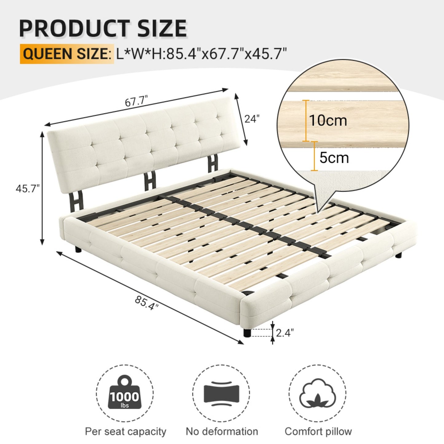 Queen/King Size Bed Frame Chenille Platform Bed with Metal and Wooden Slats Double Support – Cloud Pillow Headboard, Silent Sturdy