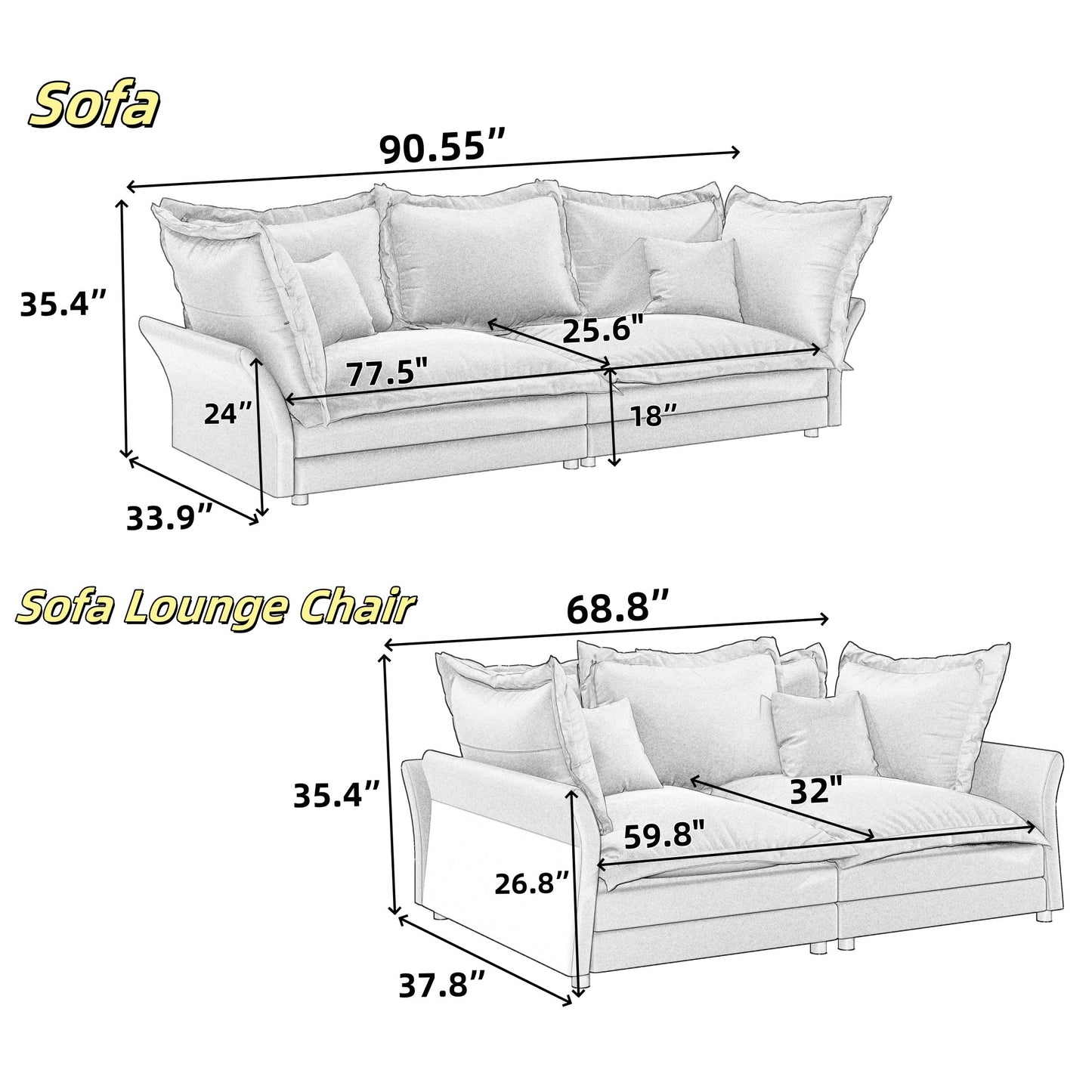 Comfy Upholstered Deep Seat Couches with Multiple Large Soft Pillows