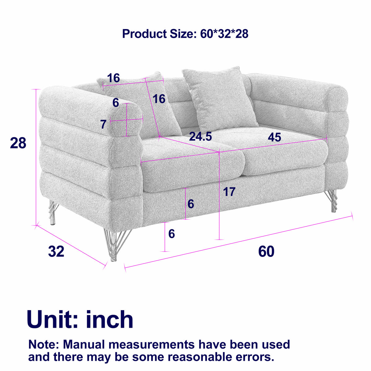 2-3 Seater Teddy Fabric Deep Seating Loveseat Sofa with Pillows – Streamline Modern Design