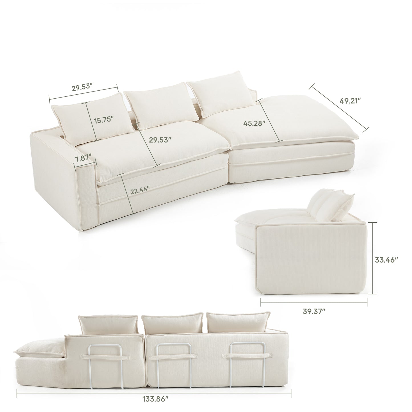 Modern Minimalist Modular Sectional Sofa – Upholstered Cloud Couch with Deep Seats &amp; Right-Facing Chaise (Beige/Black)