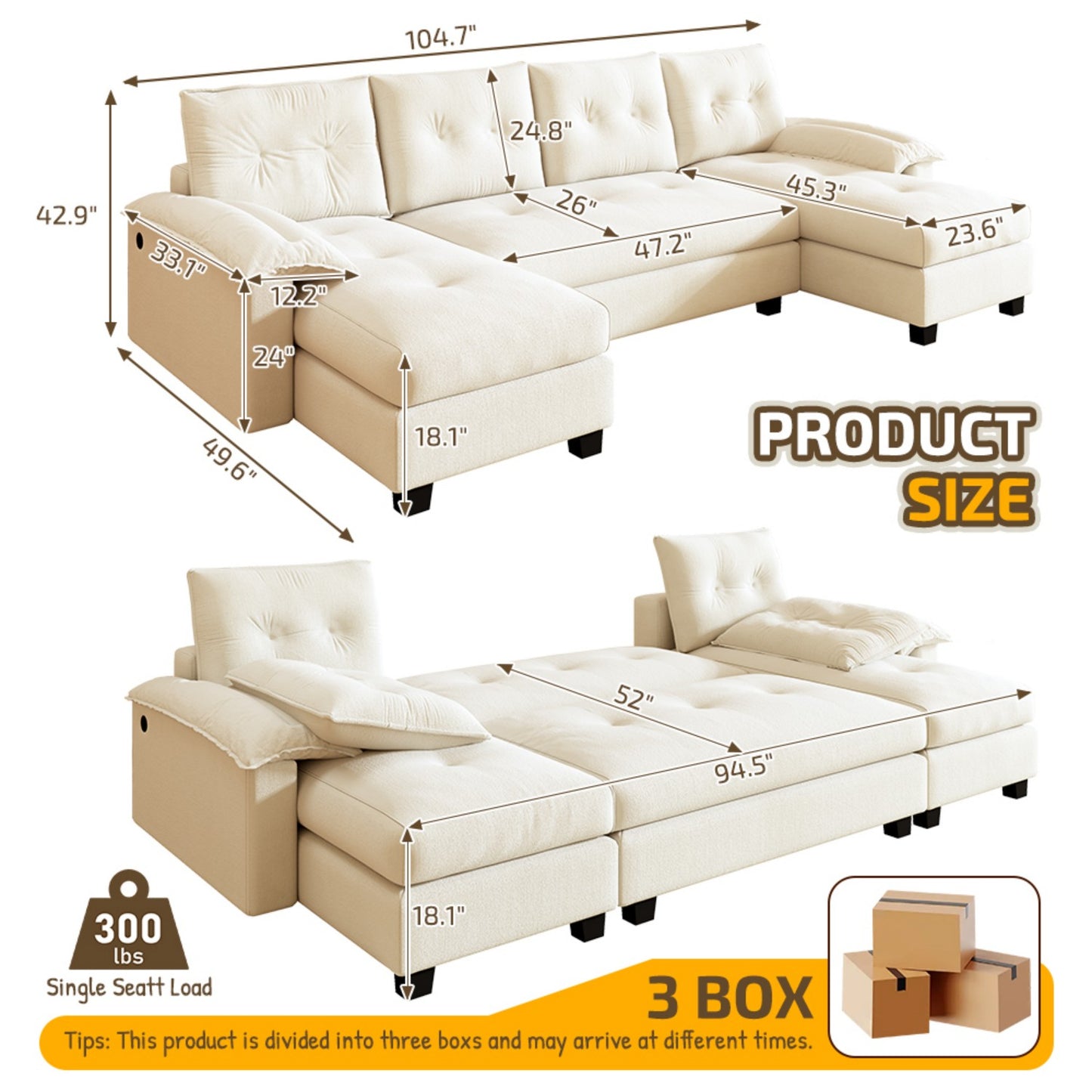 U-Shaped Sleeper Sofa with Pull Out Bed,2 in 1 Convertible Couch Bed with Removable Armrests & USB Ports