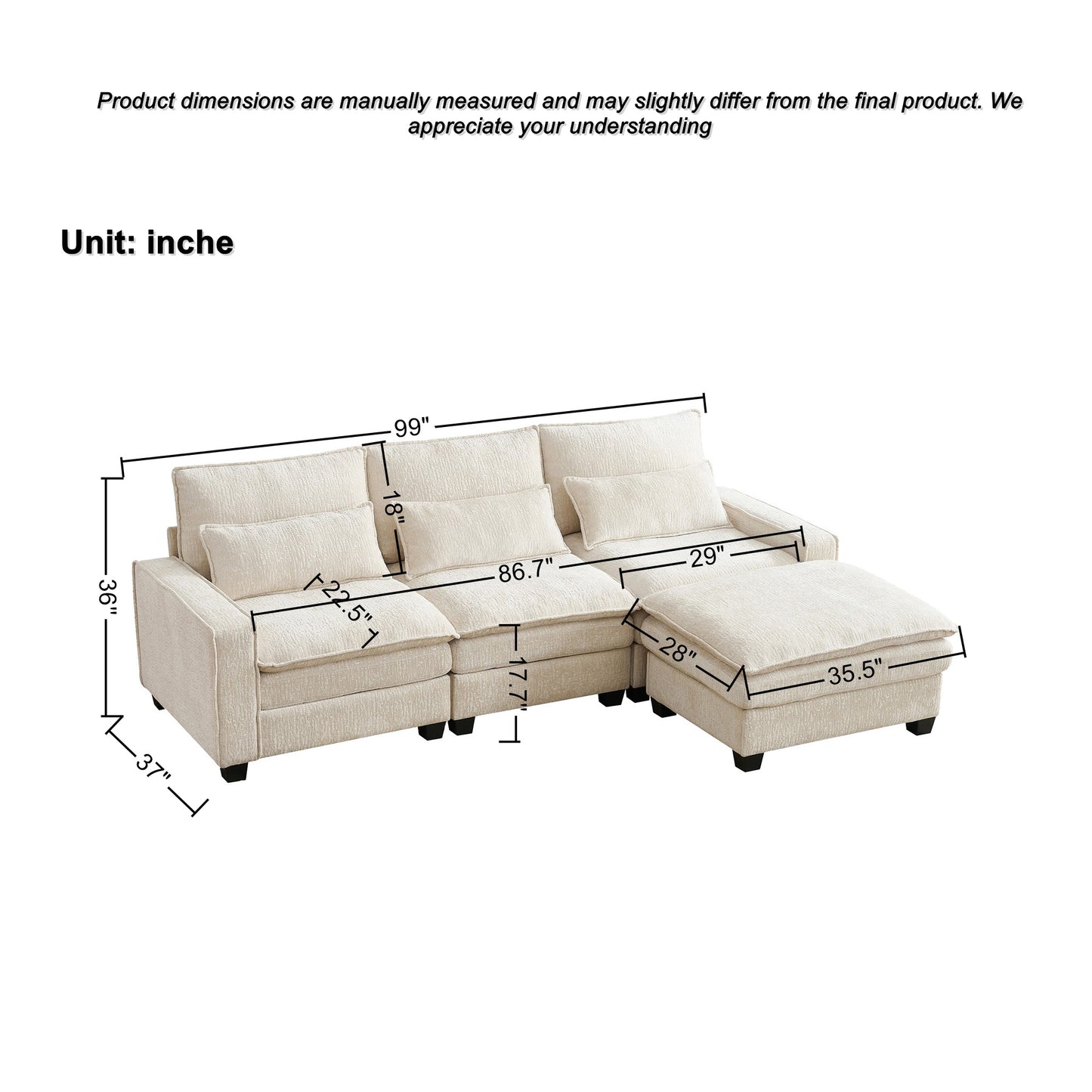 Sectional Cloud Deep Seat Couch, Modern Comfy Chenille L Shaped Sectional Sofa  with Movable Ottoman for Living Room