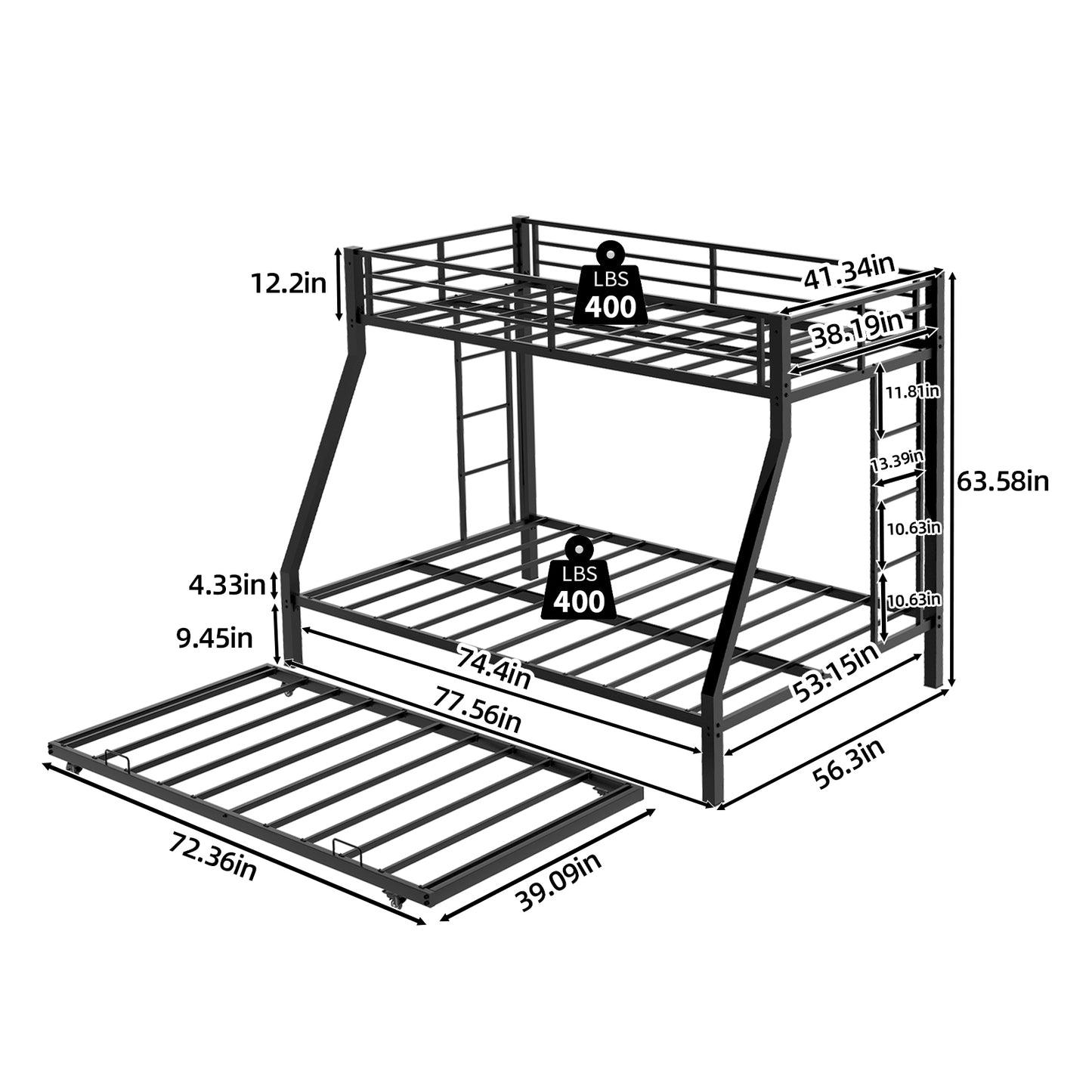 High-Stability Square Tube Bunk Bed with Ladder & Rolling Trundle | Full Size – Modern Minimalist, Strong Load-Bearing for Home/Dorm/Guest Room