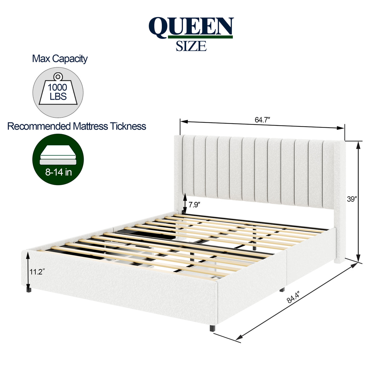Patented 2-Drawer Storage Bed Queen Size Ivory Boucle Upholstered Platform Bed, Tufted Headboard, Wooden Slat Mattress Support