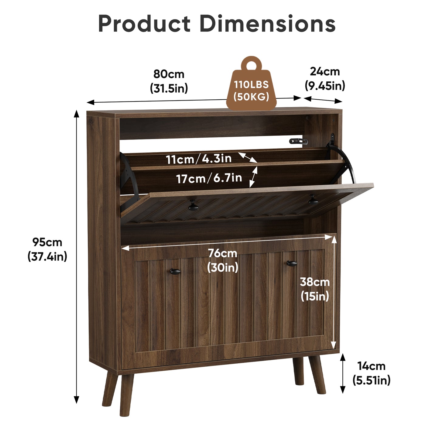 Medieval-Style Modern Shoe Cabinet | Upright Shoe Storage Unit with Vertical Grooved Finish – Walnut, 2 Sizes (23.6" or 31.5")