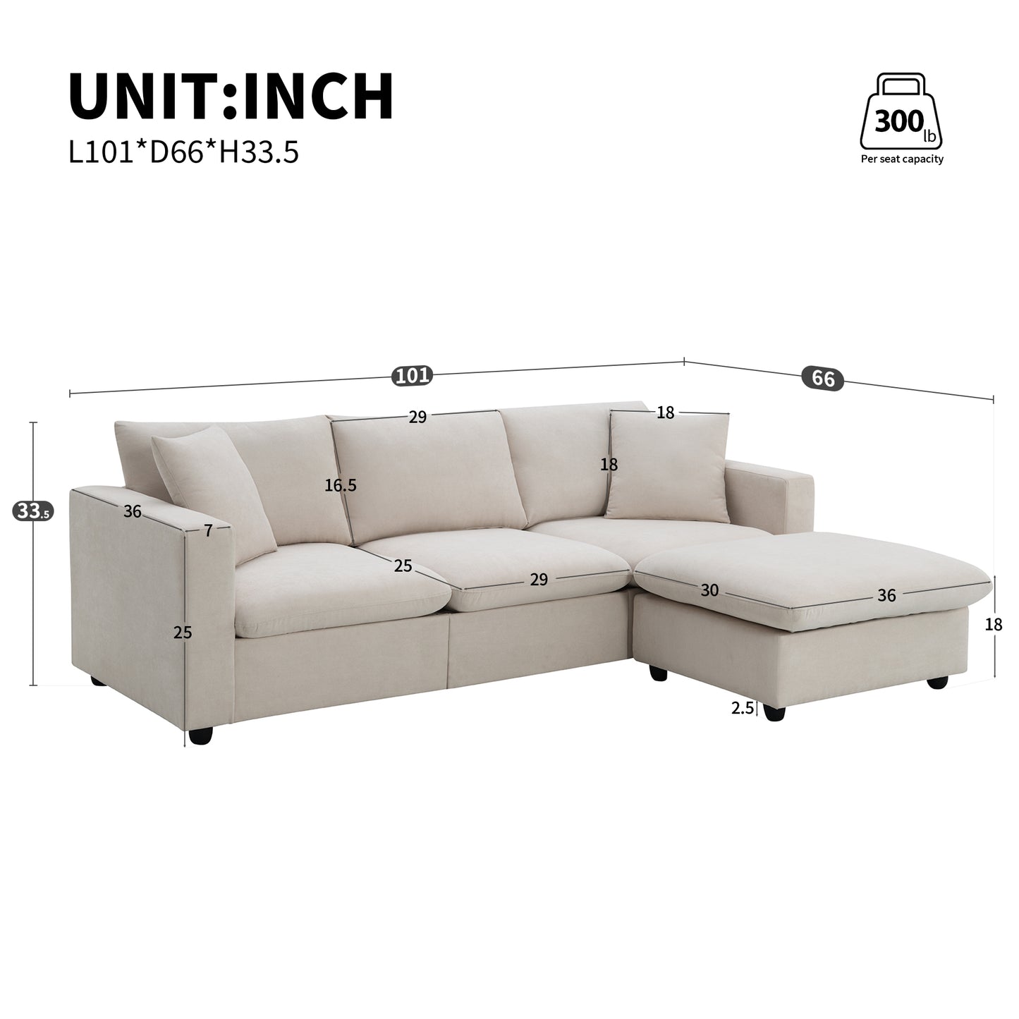Modern Sectional Sofa,Polyester Fabric L-shaped Couch Set with 2 Free pillows